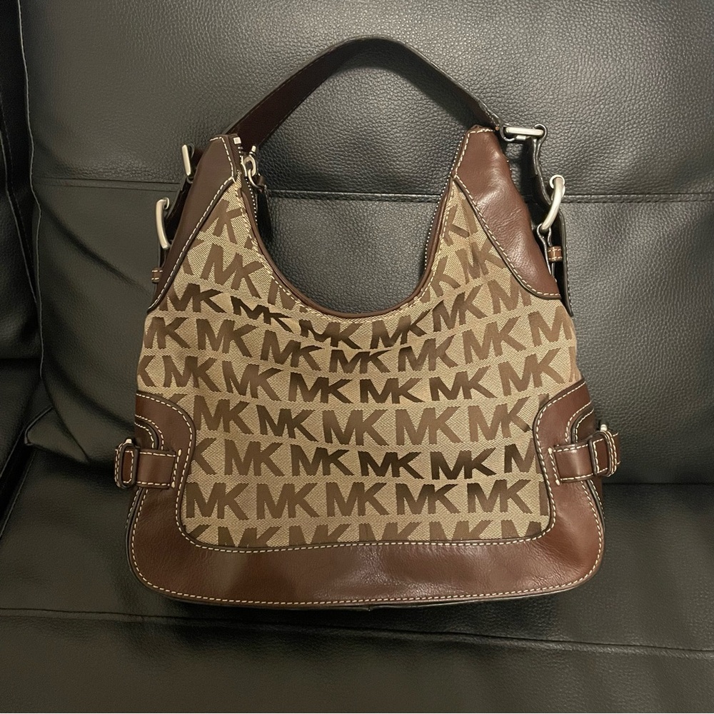 Michael Kors y2k monogram print brown and tan canvas shoulder bag